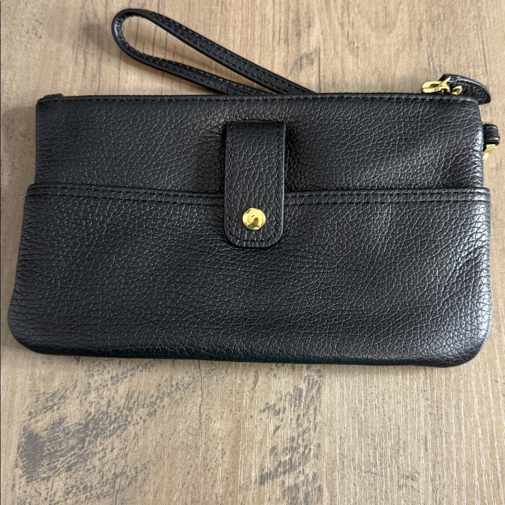 Lodis Black Leather Wristlet Purse Clutch with Gold Detail Hardware - Picture 4 of 6